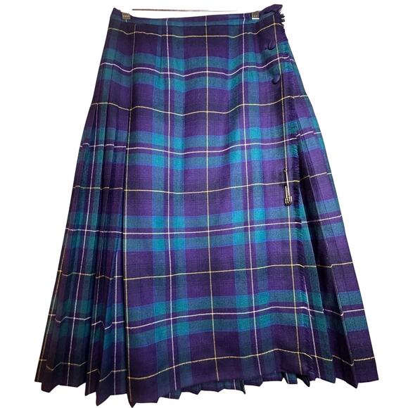 Aljean Pure Wool Skirt Kilt 12 W32 Scotland Blue Purple Plaid Tartan Pleated EUC - Picture 1 of 16